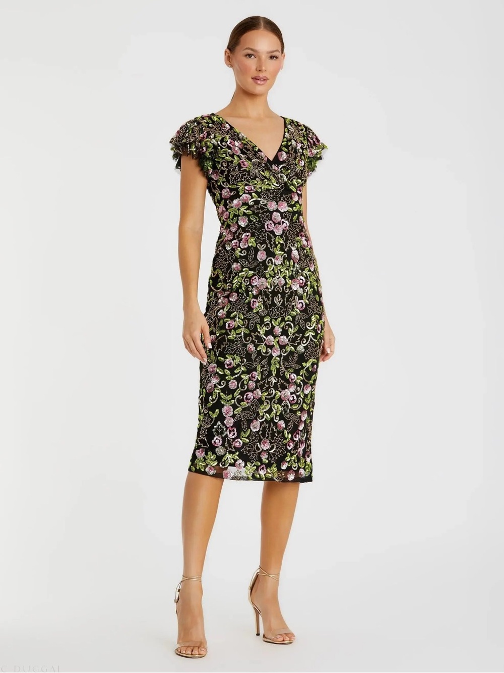 NWT Mac Duggal 5722 Black Floral Flutter Cap Sleeve Midi Dress 2 $498